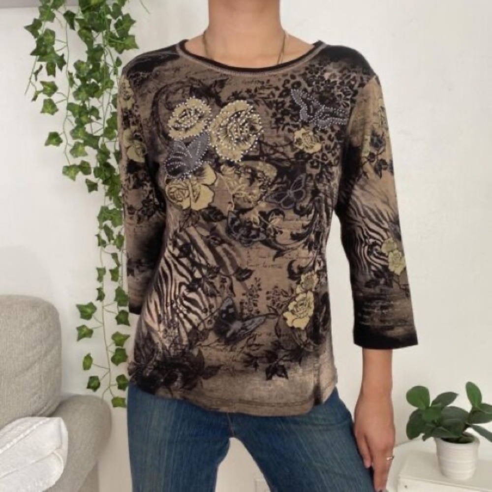 Cactus Y2K Floral Rhinestone Top